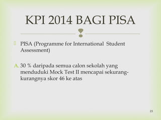 
 PISA (Programme for International Student
Assessment)
A. 30 % daripada semua calon sekolah yang
menduduki Mock Test II mencapai sekurang-
kurangnya skor 46 ke atas
KPI 2014 BAGI PISA
23
 