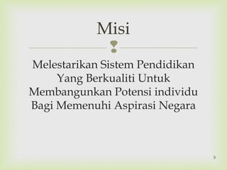 
Melestarikan Sistem Pendidikan
Yang Berkualiti Untuk
Membangunkan Potensi individu
Bagi Memenuhi Aspirasi Negara
Misi
3
 