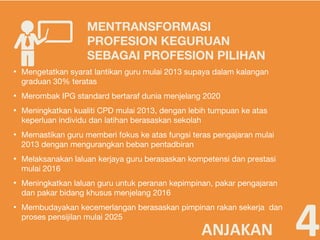 ▪ Mengetatkan syarat lantikan guru mulai 2013 supaya dalam kalangan
graduan 30% teratas
▪ Merombak IPG standard bertaraf dunia menjelang 2020
▪ Meningkatkan kualiti CPD mulai 2013, dengan lebih tumpuan ke atas
keperluan individu dan latihan berasaskan sekolah
▪ Memastikan guru memberi fokus ke atas fungsi teras pengajaran mulai
2013 dengan mengurangkan beban pentadbiran
▪ Melaksanakan laluan kerjaya guru berasaskan kompetensi dan prestasi
mulai 2016
▪ Meningkatkan laluan guru untuk peranan kepimpinan, pakar pengajaran
dan pakar bidang khusus menjelang 2016
▪ Membudayakan kecemerlangan berasaskan pimpinan rakan sekerja dan
proses pensijilan mulai 2025
4
MENTRANSFORMASI
PROFESION KEGURUAN
SEBAGAI PROFESION PILIHAN
ANJAKAN
 