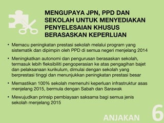 ▪ Memacu peningkatan prestasi sekolah melalui program yang
sistematik dan dipimpin oleh PPD di semua negeri menjelang 2014
▪ Meningkatkan autonomi dan pengurusan berasaskan sekolah,
termasuk lebih fleksibiliti pengoperasian ke atas pengagihan bajet
dan pelaksanaan kurikulum, dimulai dengan sekolah yang
berprestasi tinggi dan menunjukkan peningkatan prestasi besar
▪ Memastikan 100% sekolah memenuhi keperluan infrastruktur asas
menjelang 2015, bermula dengan Sabah dan Sarawak
▪ Mewujudkan prinsip pembiayaan saksama bagi semua jenis
sekolah menjelang 2015
6
MENGUPAYA JPN, PPD DAN
SEKOLAH UNTUK MENYEDIAKAN
PENYELESAIAN KHUSUS
BERASASKAN KEPERLUAN
ANJAKAN
 