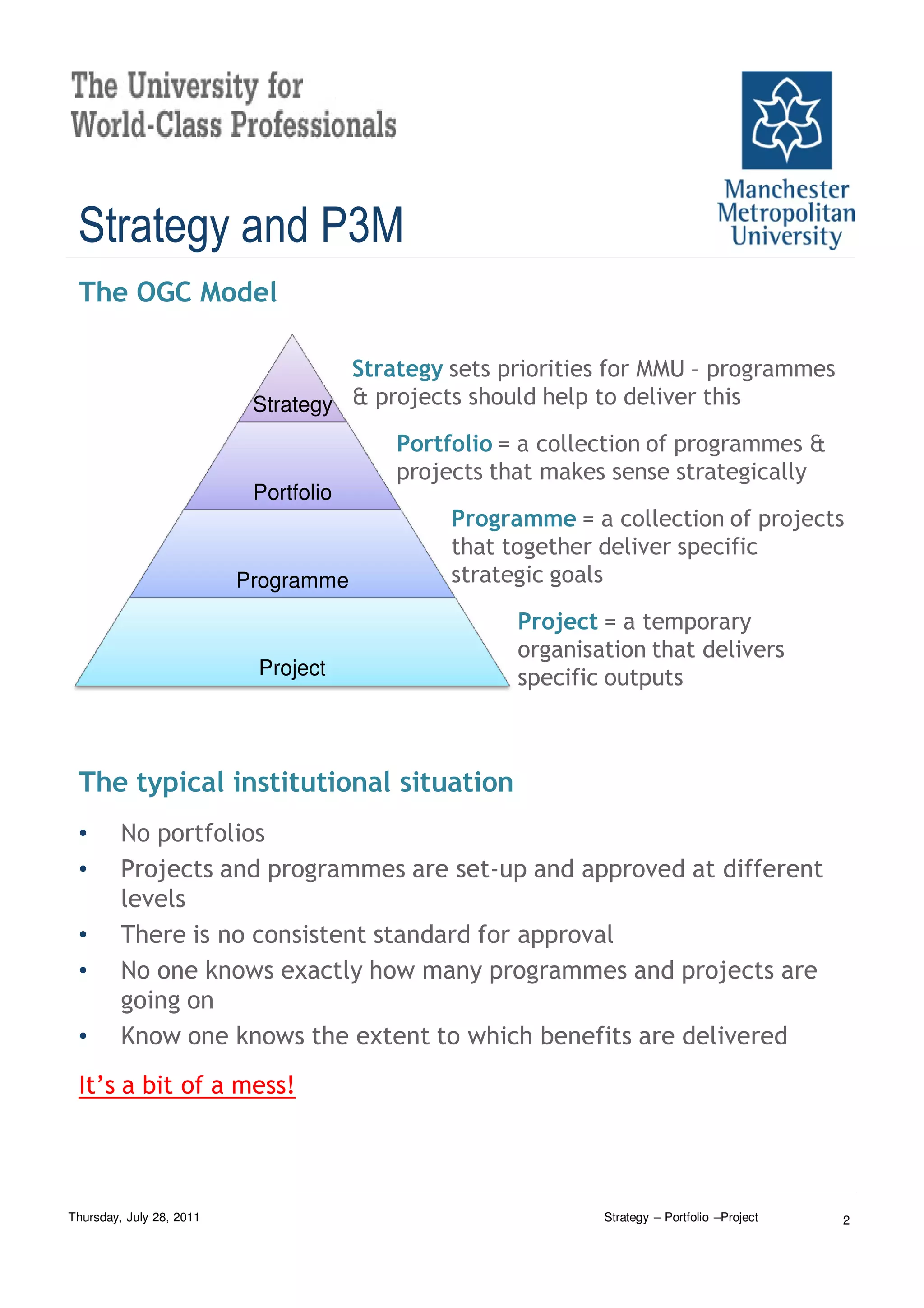 Strategy and P3M
 The OGC Model

                                    Strategy sets priorities for MMU – programmes
                           Strategy & projects should help to deliver this
                                        Portfolio = a collection of programmes &
                                        projects that makes sense strategically
                           Portfolio
                                             Programme = a collection of projects
                                             that together deliver specific
                          Programme          strategic goals

                                                   Project = a temporary
                                                   organisation that delivers
                           Project                 specific outputs



 The typical institutional situation
 •       No portfolios
 •       Projects and programmes are set-up and approved at different
         levels
 •       There is no consistent standard for approval
 •       No one knows exactly how many programmes and projects are
         going on
 •       Know one knows the extent to which benefits are delivered
 It’s a bit of a mess!




Thursday, July 28, 2011                                    Strategy – Portfolio –Project   2
 