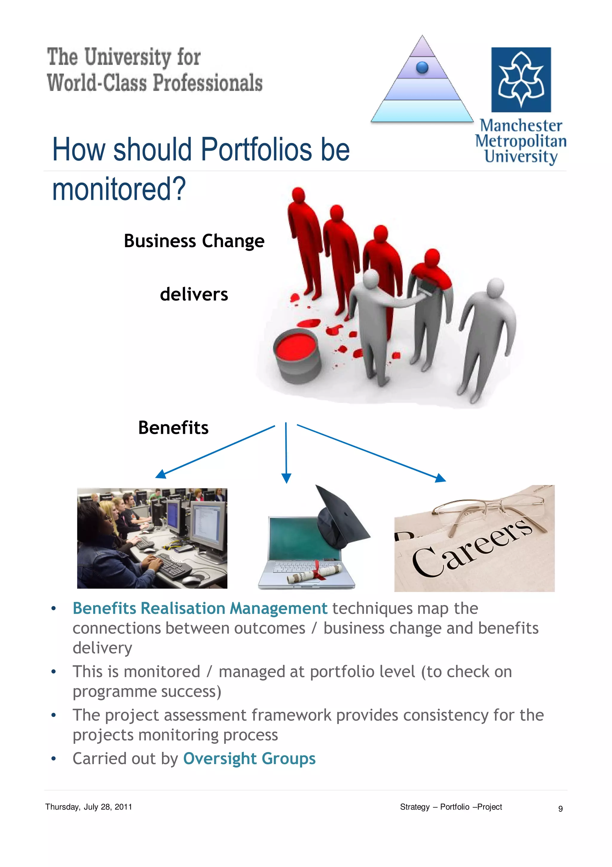 How should Portfolios be
 monitored?
                    Business Change

                            delivers




                          Benefits




 • Benefits Realisation Management techniques map the
   connections between outcomes / business change and benefits
   delivery
 • This is monitored / managed at portfolio level (to check on
   programme success)
 • The project assessment framework provides consistency for the
   projects monitoring process
 • Carried out by Oversight Groups

Thursday, July 28, 2011                      Strategy – Portfolio –Project   9
 