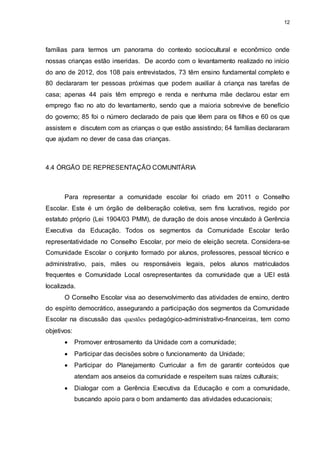 12 
famílias para termos um panorama do contexto sociocultural e econômico onde 
nossas crianças estão inseridas. De acordo com o levantamento realizado no início 
do ano de 2012, dos 108 pais entrevistados, 73 têm ensino fundamental completo e 
80 declararam ter pessoas próximas que podem auxiliar à criança nas tarefas de 
casa; apenas 44 pais têm emprego e renda e nenhuma mãe declarou estar em 
emprego fixo no ato do levantamento, sendo que a maioria sobrevive de benefício 
do governo; 85 foi o número declarado de pais que lêem para os filhos e 60 os que 
assistem e discutem com as crianças o que estão assistindo; 64 famílias declararam 
que ajudam no dever de casa das crianças. 
4.4 ÓRGÃO DE REPRESENTAÇÃO COMUNITÁRIA 
Para representar a comunidade escolar foi criado em 2011 o Conselho 
Escolar. Este é um órgão de deliberação coletiva, sem fins lucrativos, regido por 
estatuto próprio (Lei 1904/03 PMM), de duração de dois anose vinculado à Gerência 
Executiva da Educação. Todos os segmentos da Comunidade Escolar terão 
representatividade no Conselho Escolar, por meio de eleição secreta. Considera-se 
Comunidade Escolar o conjunto formado por alunos, professores, pessoal técnico e 
administrativo, pais, mães ou responsáveis legais, pelos alunos matriculados 
frequentes e Comunidade Local osrepresentantes da comunidade que a UEI está 
localizada. 
O Conselho Escolar visa ao desenvolvimento das atividades de ensino, dentro 
do espírito democrático, assegurando a participação dos segmentos da Comunidade 
Escolar na discussão das questões pedagógico-administrativo-financeiras, tem como 
objetivos: 
 Promover entrosamento da Unidade com a comunidade; 
 Participar das decisões sobre o funcionamento da Unidade; 
 Participar do Planejamento Curricular a fim de garantir conteúdos que 
atendam aos anseios da comunidade e respeitem suas raízes culturais; 
 Dialogar com a Gerência Executiva da Educação e com a comunidade, 
buscando apoio para o bom andamento das atividades educacionais; 
 