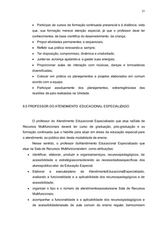 21 
 Participar de cursos de formação continuada presencial e à distância, visto 
que, sua formação merece atenção especial, já que o professor deve ter 
conhecimentos de base científica do desenvolvimento da criança; 
 Propor atividades permanentes e sequenciais; 
 Refletir sua prática renovando-a sempre; 
 Ter disposição, compromisso, dinâmica e criatividade; 
 Juntar-se acriança ajudando-a a gastar suas energias; 
 Proporcionar aulas de interação com músicas, danças e brincadeiras 
diversificadas; 
 Colocar em prática os planejamentos e projetos elaborados em comum 
acordo com a equipe. 
 Participar assiduamente dos planejamentos, extrarregênciase das 
reuniões de pais realizadas na Unidade. 
8.5 PROFESSOR DO ATENDIMENTO EDUCACIONAL ESPECIALIZADO 
O professor do Atendimento Educacional Especializado que atua naSala de 
Recursos Multifuncionais deverá ter curso de graduação, pós-graduação e ou 
formação continuada que o habilite para atuar em áreas da educação especial para 
o atendimento ao público alvo desta modalidade de ensino. 
Nesse sentido, o professor doAtendimento Educacional Especializado que 
atua na Sala de Recursos Multifuncionaistem como atribuições: 
 identificar, elaborar, produzir e organizarserviços, recursospedagógicos, de 
acessibilidade e estratégiasconsiderando as necessidadesespecíficas dos 
alunospúblico-alvo da Educação Especial; 
 Elaborar e executarplano de AtendimentoEducacionalEspecializado, 
avaliando a funcionalidade e a aplicabilidade dos recursospedagógicos e de 
acessibilidade; 
 organizar o tipo e o número de atendimentosaosalunosna Sala de Recursos 
Multifuncionais; 
 acompanhar a funcionalidade e a aplicabilidade dos recursospedagógicos e 
de acessibilidadenasala de aula comum do ensino regular, bemcomoem 
 