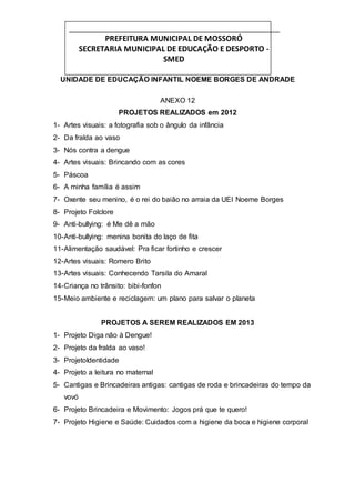 PREFEITURA MUNICIPAL DE MOSSORÓ 
SECRETARIA MUNICIPAL DE EDUCAÇÃO E DESPORTO - 
SMED 
UNIDADE DE EDUCAÇÃO INFANTIL NOEME BORGES DE ANDRADE 
ANEXO 12 
PROJETOS REALIZADOS em 2012 
1- Artes visuais: a fotografia sob o ângulo da infância 
2- Da fralda ao vaso 
3- Nós contra a dengue 
4- Artes visuais: Brincando com as cores 
5- Páscoa 
6- A minha família é assim 
7- Oxente seu menino, é o rei do baião no arraia da UEI Noeme Borges 
8- Projeto Folclore 
9- Anti-bullying: é Me dê a mão 
10- Anti-bullying: menina bonita do laço de fita 
11- Alimentação saudável: Pra ficar fortinho e crescer 
12- Artes visuais: Romero Brito 
13- Artes visuais: Conhecendo Tarsila do Amaral 
14- Criança no trânsito: bibi-fonfon 
15- Meio ambiente e reciclagem: um plano para salvar o planeta 
PROJETOS A SEREM REALIZADOS EM 2013 
1- Projeto Diga não à Dengue! 
2- Projeto da fralda ao vaso! 
3- ProjetoIdentidade 
4- Projeto a leitura no maternal 
5- Cantigas e Brincadeiras antigas: cantigas de roda e brincadeiras do tempo da 
vovó 
6- Projeto Brincadeira e Movimento: Jogos prá que te quero! 
7- Projeto Higiene e Saúde: Cuidados com a higiene da boca e higiene corporal 
 