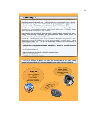 55 
APRESENTAÇÃO 
O Calendário Escolar da Rede Municipal de Ensino é um documento que tem o objetivo de orientar as atividades 
escolares distribuídas ao longo do ano letivo. É elaborado pela Gerência Executiva da Educação de acordo com a 
legislação educacional em vigor, e submetido à apreciação dos Supervisores Pedagógicos, Gestores Escolares e 
do Conselho Municipal de Educação para posterior publicação no Jornal Oficial de Mossoró (JOM). 
A Rede Municipal de Ensino é composta por 98 Unidades Educacionais que ofertam Educação Básica, em 61 
Escolas do Ensino Fundamental (32 localizadas na Zona Urbana e 29 na Zona Rural); 37 Unidades de Educação 
Infantil (35 localizadas na Zona Urbana e 02 na Zona Rural). 
Integram ainda a Rede, 04 Unidades de Apoio Educacional: o Centro de Apoio ao Deficiente Visual – CADV, a 
Biblioteca Virtual Indústria do Conhecimento “Profª. Terezinha Fernandes”, o Portal do Saber “Vereador Vingt 
Rosado Neto” e o Núcleo de TecnologiasMunicipal – NTM. 
No ano de 2012 a Rede Municipal de Ensino atendeu a uma demanda de vinte e um mil, quatrocentos e trinta e 
um alunos, de acordo com o EDUCACENSO, que é o Censo Escolar realizado pelo Instituto de Estudos e Pesquisas 
Educacionais Anísio Teixeira (INEP), o que serve de parâmetro, para transferência de recursos financeiros dos 
Programas Governamentais. 
A Educação Pública Municipal em Mossoró tem como política a Melhoria da Qualidade da Educação 
norteada pelos seguintes eixos: 
 Foco na aprendizagem do aluno; 
 Alfabetização no tempo e idade certa; 
 Redução dos índices de evasão escolar e melhoria de rendimento escolar; 
 Redução da distorção idade série; 
 Valorização dos Profissionais da Educação. 
A Educação do município de Mossoró atua como meio transformador de uma gestão político-administrativa 
comprometida com a construção de uma sociedade cidadã, tendo como referências: 
MISSÃO 
“ Oferecer Educação 
Básica de Excelência, 
contribuindo 
efetivamente para o 
exercício da cidadania”. 
VISÃO DE FUTURO, 
por ser referência em 
qualidade na Educação 
Básica 
 