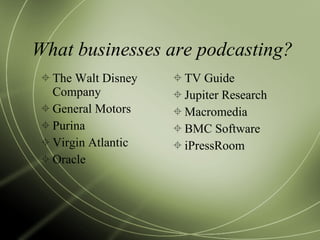What businesses are podcasting? The Walt Disney Company General Motors Purina Virgin Atlantic Oracle TV Guide Jupiter Research Macromedia BMC Software iPressRoom 