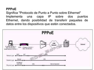 PPPoE
Significa "Protocolo de Punto a Punto sobre Ethernet"
Implementa una capa IP sobre dos puertos
Ethernet, dando posibilidad de transferir paquetes de
datos entre los dispositivos que estén conectados.
 