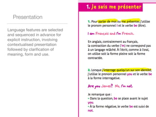 Presentation
Language features are selected
and sequenced in advance for
explicit instruction, involving
contextualised presentation
followed by clariﬁcation of
meaning, form and use.
 
