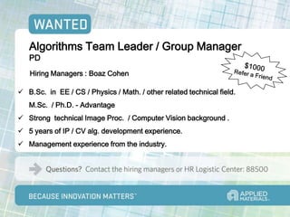 Algorithms Team Leader / Group Manager
   PD
   Hiring Managers : Boaz Cohen

 B.Sc. in EE / CS / Physics / Math. / other related technical field.
   M.Sc. / Ph.D. - Advantage
 Strong technical Image Proc. / Computer Vision background .
 5 years of IP / CV alg. development experience.
 Management experience from the industry.
 