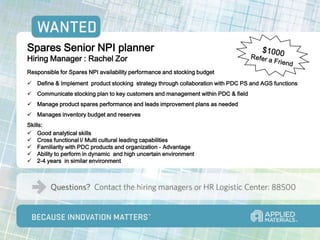 Spares Senior NPI planner
Hiring Manager : Rachel Zor
Responsible for Spares NPI availability performance and stocking budget
 Define & Implement product stocking strategy through collaboration with PDC PS and AGS functions
 Communicate stocking plan to key customers and management within PDC & field
 Manage product spares performance and leads improvement plans as needed
 Manages inventory budget and reserves
Skills:
 Good analytical skills
 Cross functional l/ Multi cultural leading capabilities
 Familiarity with PDC products and organization - Advantage
 Ability to perform in dynamic and high uncertain environment
 2-4 years in similar environment
 