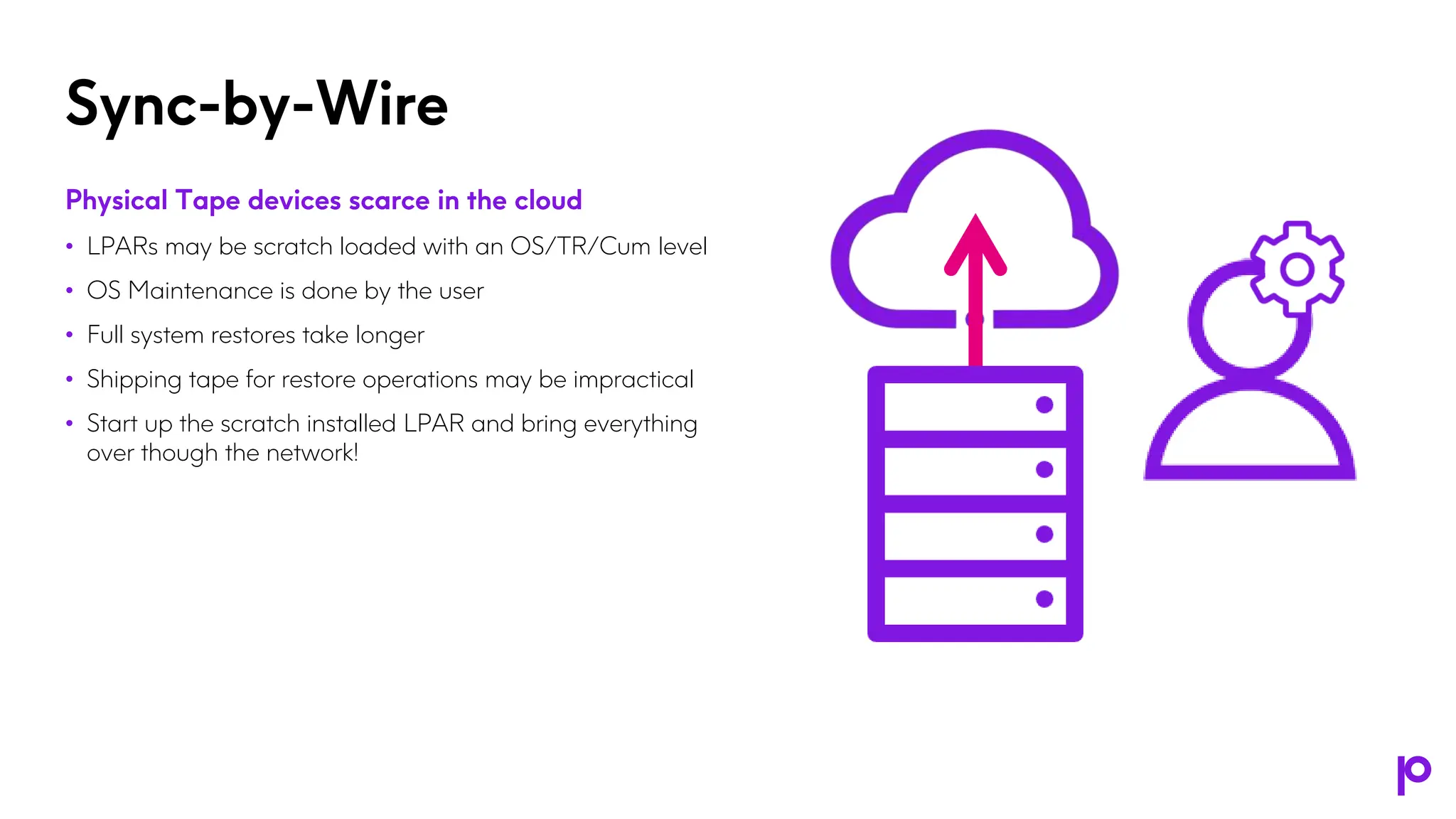 Sync-by-Wire
Physical Tape devices scarce in the cloud
• LPARs may be scratch loaded with an OS/TR/Cum level
• OS Maintenance is done by the user
• Full system restores take longer
• Shipping tape for restore operations may be impractical
• Start up the scratch installed LPAR and bring everything
over though the network!
 