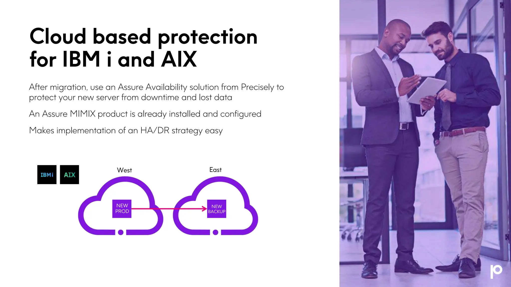 Cloud based protection
for IBM i and AIX
After migration, use an Assure Availability solution from Precisely to
protect your new server from downtime and lost data
An Assure MIMIX product is already installed and configured
Makes implementation of an HA/DR strategy easy
NEW
PROD
NEW
BACKUP
West East
 