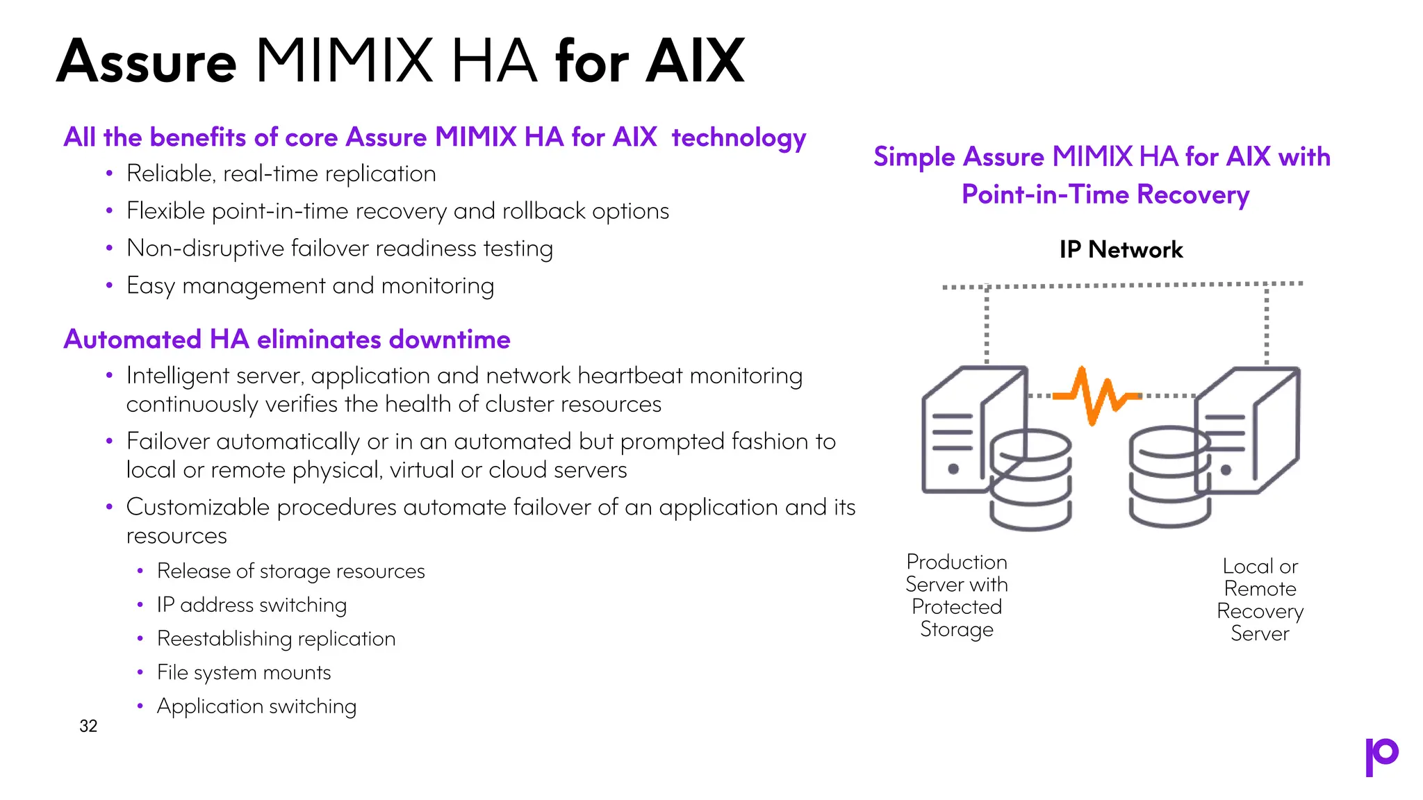Assure MIMIX HA for AIX
All the benefits of core Assure MIMIX HA for AIX technology
• Reliable, real-time replication
• Flexible point-in-time recovery and rollback options
• Non-disruptive failover readiness testing
• Easy management and monitoring
Automated HA eliminates downtime
• Intelligent server, application and network heartbeat monitoring
continuously verifies the health of cluster resources
• Failover automatically or in an automated but prompted fashion to
local or remote physical, virtual or cloud servers
• Customizable procedures automate failover of an application and its
resources
• Release of storage resources
• IP address switching
• Reestablishing replication
• File system mounts
• Application switching
Simple Assure MIMIX HA for AIX with
Point-in-Time Recovery
IP Network
Production
Server with
Protected
Storage
Local or
Remote
Recovery
Server
32
 