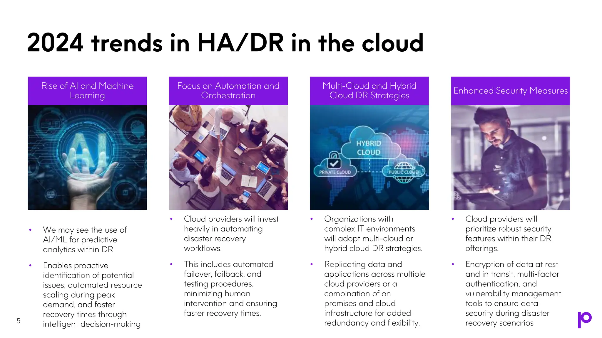 2024 trends in HA/DR in the cloud
• Cloud providers will invest
heavily in automating
disaster recovery
workflows.
• This includes automated
failover, failback, and
testing procedures,
minimizing human
intervention and ensuring
faster recovery times.
Focus on Automation and
Orchestration
• Organizations with
complex IT environments
will adopt multi-cloud or
hybrid cloud DR strategies.
• Replicating data and
applications across multiple
cloud providers or a
combination of on-
premises and cloud
infrastructure for added
redundancy and flexibility.
Multi-Cloud and Hybrid
Cloud DR Strategies
• Cloud providers will
prioritize robust security
features within their DR
offerings.
• Encryption of data at rest
and in transit, multi-factor
authentication, and
vulnerability management
tools to ensure data
security during disaster
recovery scenarios
Enhanced Security Measures
5
• We may see the use of
AI/ML for predictive
analytics within DR
• Enables proactive
identification of potential
issues, automated resource
scaling during peak
demand, and faster
recovery times through
intelligent decision-making
Rise of AI and Machine
Learning
 