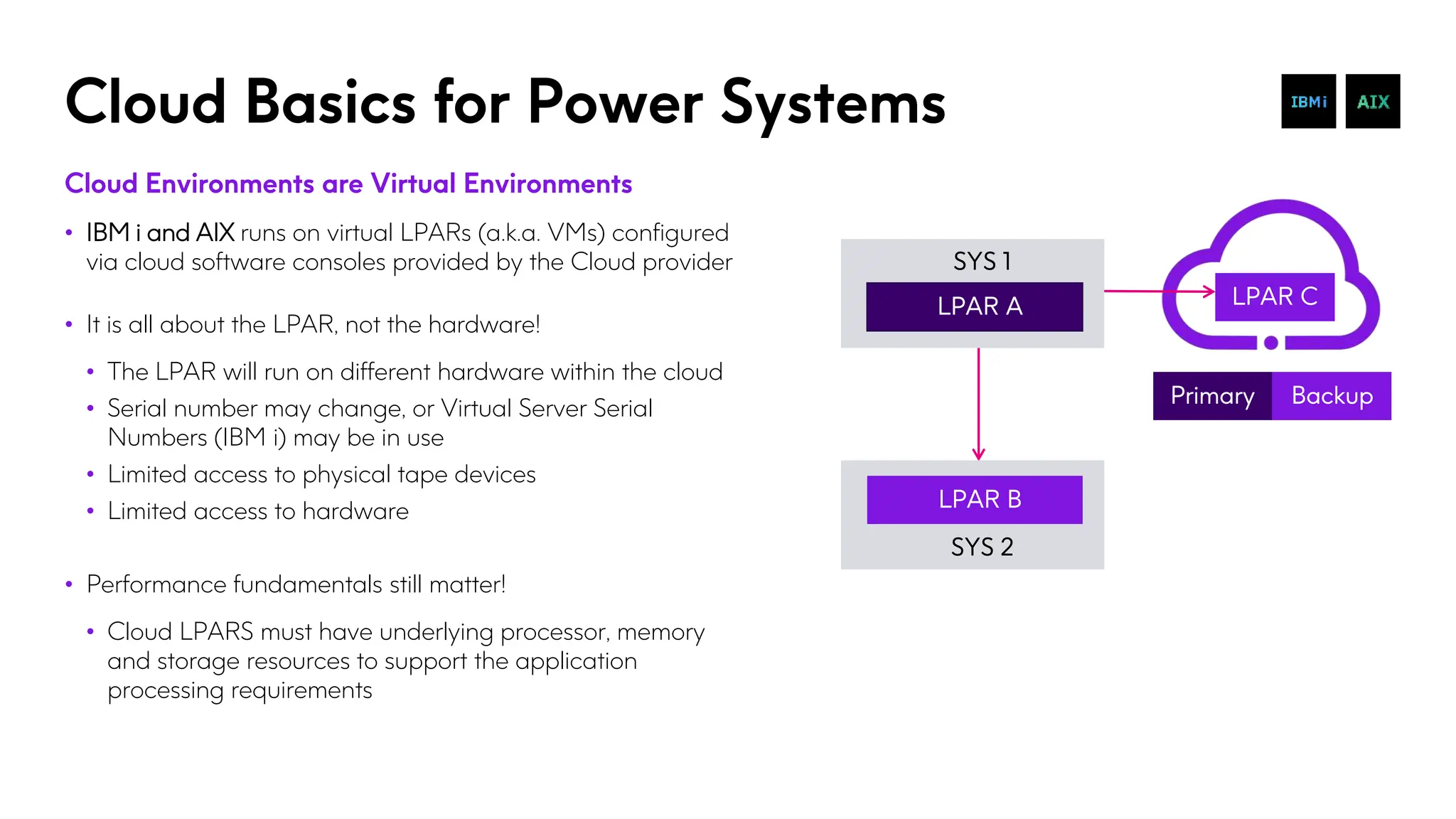Cloud Basics for Power Systems
Cloud Environments are Virtual Environments
• IBM i and AIX runs on virtual LPARs (a.k.a. VMs) configured
via cloud software consoles provided by the Cloud provider
• It is all about the LPAR, not the hardware!
• The LPAR will run on different hardware within the cloud
• Serial number may change, or Virtual Server Serial
Numbers (IBM i) may be in use
• Limited access to physical tape devices
• Limited access to hardware
• Performance fundamentals still matter!
• Cloud LPARS must have underlying processor, memory
and storage resources to support the application
processing requirements
SYS 1
LPAR A
SYS 2
LPAR B
Primary Backup
LPAR C
 
