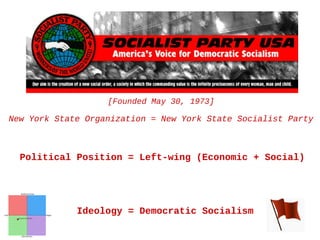 [Founded May 30, 1973]

New York State Organization = New York State Socialist Party

Political Position = Left-wing (Economic + Social)

Ideology = Democratic Socialism

 