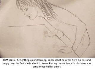 POV shot of her getting up and leaving. Implies that he is still fixed on her, and
angry over the fact she is about to leave. Placing the audience in his shoes you
can almost feel his anger.
 