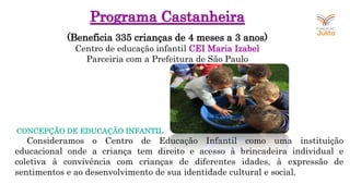 Programa Castanheira
(Beneficia 335 crianças de 4 meses a 3 anos)
Centro de educação infantil CEI Maria Izabel
Parceiria com a Prefeitura de São Paulo
CONCEPÇÃO DE EDUCAÇÃO INFANTIL
Consideramos o Centro de Educação Infantil como uma instituição
educacional onde a criança tem direito e acesso à brincadeira individual e
coletiva à convivência com crianças de diferentes idades, à expressão de
sentimentos e ao desenvolvimento de sua identidade cultural e social.
 
