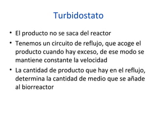 Turbidostato
• El producto no se saca del reactor
• Tenemos un circuito de reflujo, que acoge el
  producto cuando hay exceso, de ese modo se
  mantiene constante la velocidad
• La cantidad de producto que hay en el reflujo,
  determina la cantidad de medio que se añade
  al biorreactor
 