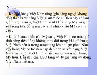 Ví dụ:
+ Khi giá hàng Việt Nam tăng (giá hàng ngoại không
đổi) thì cầu về hàng Việt giảm xuống. Điều này sẽ làm
giảm lượng hàng Việt Nam xuất khẩu sang Mỹ và giảm
số lượng tiền đồng mà các nhà nhập khẩu Mỹ có nhu
cầu .
+ Khi đó xuất khẩu của Mỹ sang Việt Nam có mức giá
tính bằng tiền đồng không thay đổi trong khi giá hàng
Việt Nam bán ở trong nước tăng lên do lạm phát. Như
vậy hàng Mỹ sẽ trở nên hấp dẫn hơn so với hàng Việt
Nam và người Việt Nam sẽ sẵn sàng mua nhiều hàng
Mỹ hơn. Dẫn đến cầu USD tăng => tỷ giá tăng => đồng
Việt Nam mất giá.
 