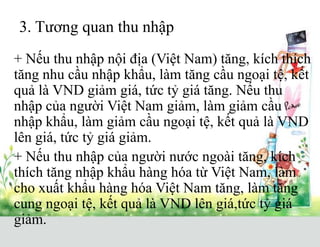 3. Tương quan thu nhập
+ Nếu thu nhập nội địa (Việt Nam) tăng, kích thích
tăng nhu cầu nhập khẩu, làm tăng cầu ngoại tệ, kết
quả là VND giảm giá, tức tỷ giá tăng. Nếu thu
nhập của người Việt Nam giảm, làm giảm cầu
nhập khẩu, làm giảm cầu ngoại tệ, kết quả là VND
lên giá, tức tỷ giá giảm.
+ Nếu thu nhập của người nước ngoài tăng, kích
thích tăng nhập khẩu hàng hóa từ Việt Nam, làm
cho xuất khẩu hàng hóa Việt Nam tăng, làm tăng
cung ngoại tệ, kết quả là VND lên giá,tức tỷ giá
giảm.
 