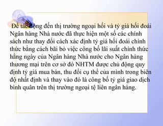 Để tác động đến thị trường ngoại hối và tỷ giá hối đoái
Ngân hàng Nhà nước đã thực hiện một số các chính
sách như thay đổi cách xác định tỷ giá hối đoái chính
thức bằng cách bãi bỏ việc công bố lãi suất chính thức
hằng ngày của Ngân hàng Nhà nước cho Ngân hàng
thương mại trên cơ sở đó NHTM được chủ động quy
định tỷ giá mua bán, thu đổi cụ thể của mình trong biên
độ nhất định và thay vào đó là công bố tỷ giá giao dịch
bình quân trên thị trường ngoại tệ liên ngân hàng.
 