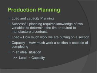 Production Planning
Load and capacity Planning
Successful planning requires knowledge of two
variables to determine the time required to
manufacture a contract.
Load – How much work we are putting on a section
Capacity – How much work a section is capable of
completing
In an ideal situation
>> Load = Capacity
 