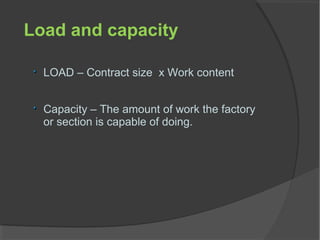 Load and capacity
LOAD – Contract size x Work content
Capacity – The amount of work the factory
or section is capable of doing.
 