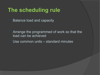 The scheduling rule
Balance load and capacity
Arrange the programmed of work so that the
load can be achieved
Use common units – standard minutes
 