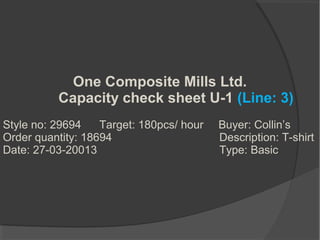 One Composite Mills Ltd.
Capacity check sheet U-1 (Line: 3)
Style no: 29694 Target: 180pcs/ hour Buyer: Collin’s
Order quantity: 18694 Description: T-shirt
Date: 27-03-20013 Type: Basic
 