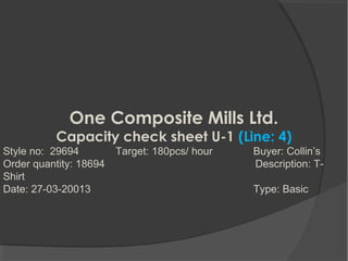 One Composite Mills Ltd.
Capacity check sheet U-1 (Line: 4)
Style no: 29694 Target: 180pcs/ hour Buyer: Collin’s
Order quantity: 18694 Description: T-
Shirt
Date: 27-03-20013 Type: Basic
 