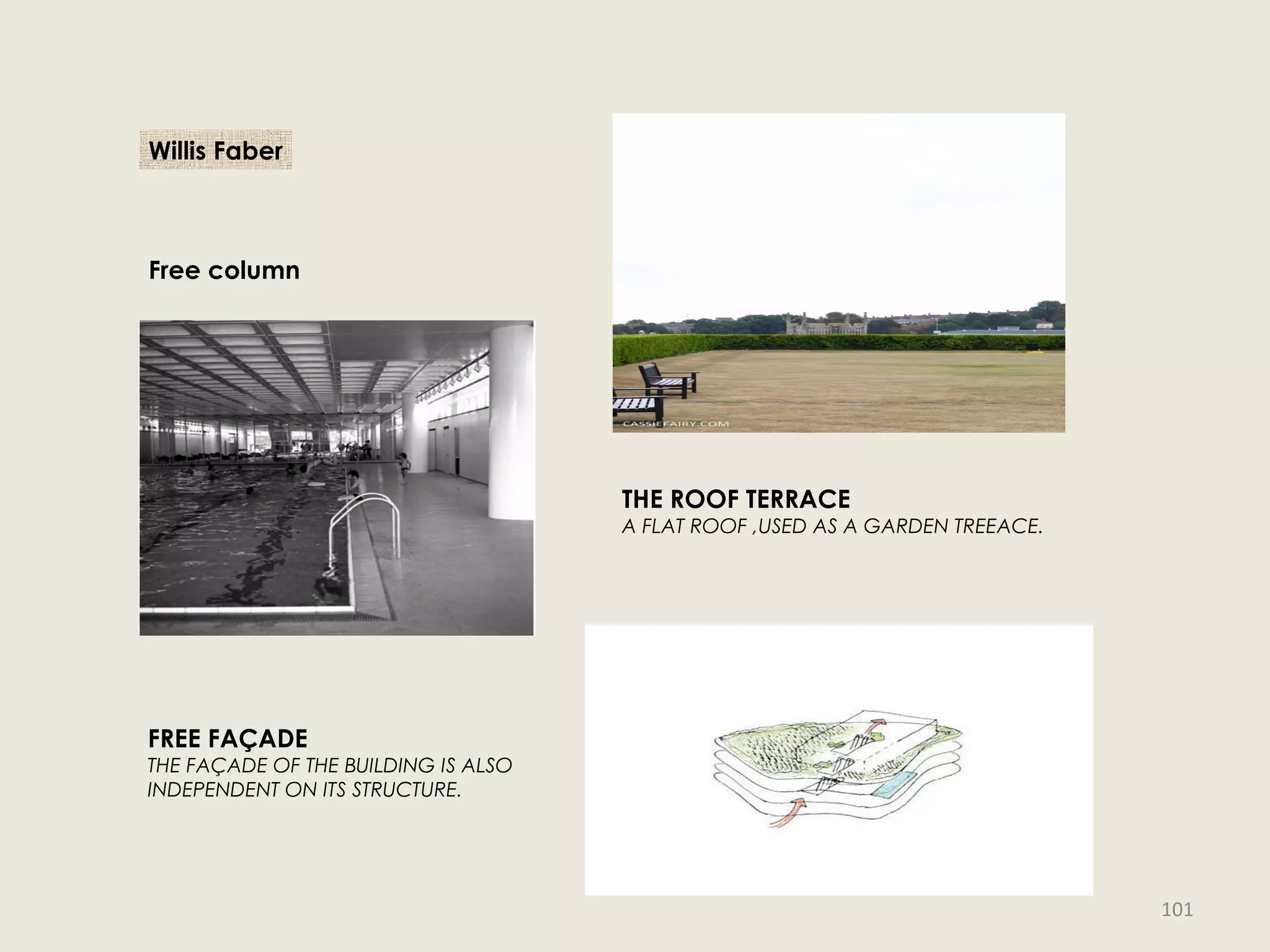 Willis Faber
Free column
FREE FAÇADE
THE FAÇADE OF THE BUILDING IS ALSO
INDEPENDENT ON ITS STRUCTURE.
THE ROOF TERRACE
A FLAT ROOF ,USED AS A GARDEN TREEACE.
101
 