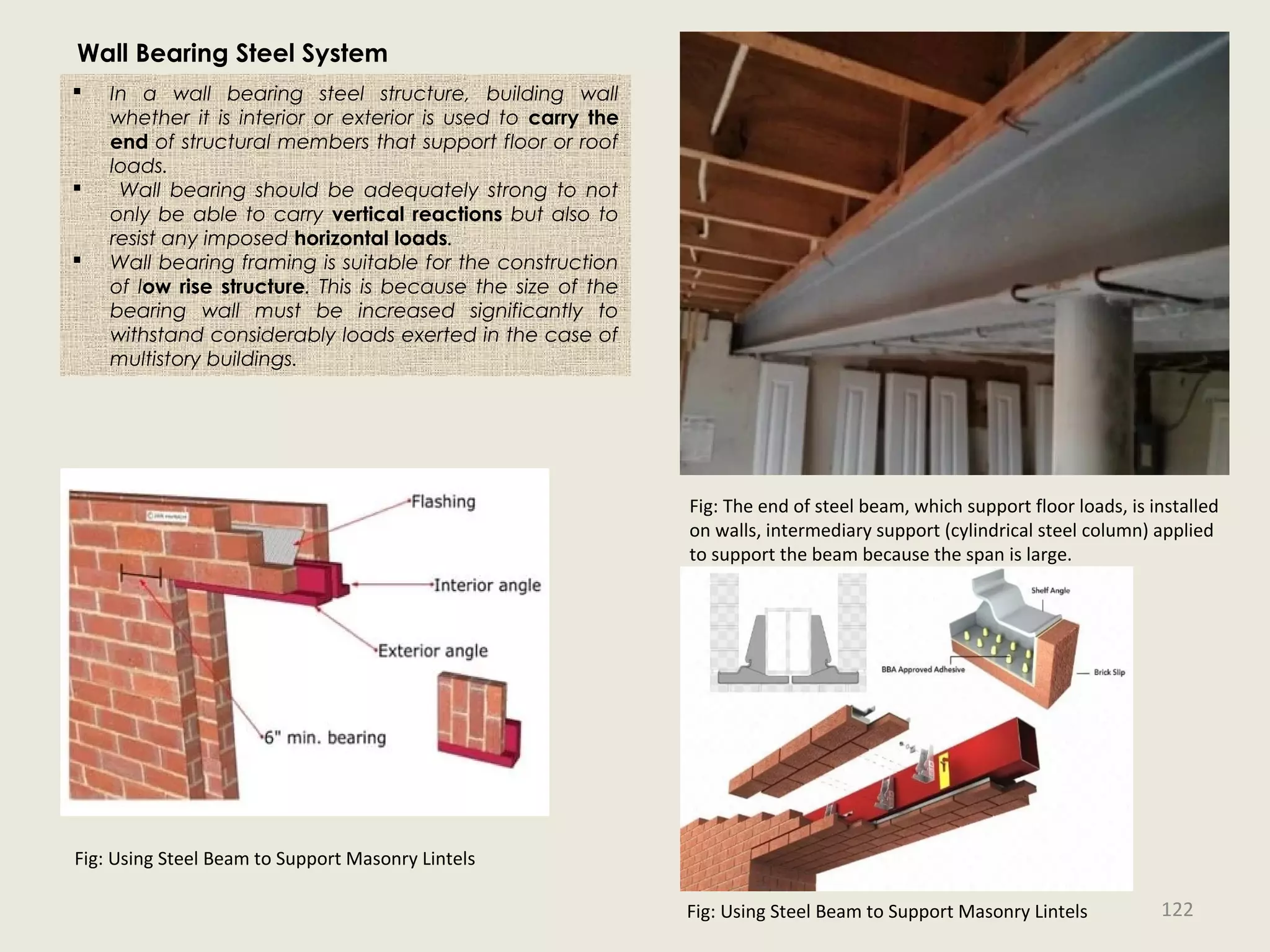 Wall Bearing Steel System
Fig: The end of steel beam, which support floor loads, is installed
on walls, intermediary support (cylindrical steel column) applied
to support the beam because the span is large.
Fig: Using Steel Beam to Support Masonry Lintels
Fig: Using Steel Beam to Support Masonry Lintels
 In a wall bearing steel structure, building wall
whether it is interior or exterior is used to carry the
end of structural members that support floor or roof
loads.
 Wall bearing should be adequately strong to not
only be able to carry vertical reactions but also to
resist any imposed horizontal loads.
 Wall bearing framing is suitable for the construction
of low rise structure. This is because the size of the
bearing wall must be increased significantly to
withstand considerably loads exerted in the case of
multistory buildings.
122
 