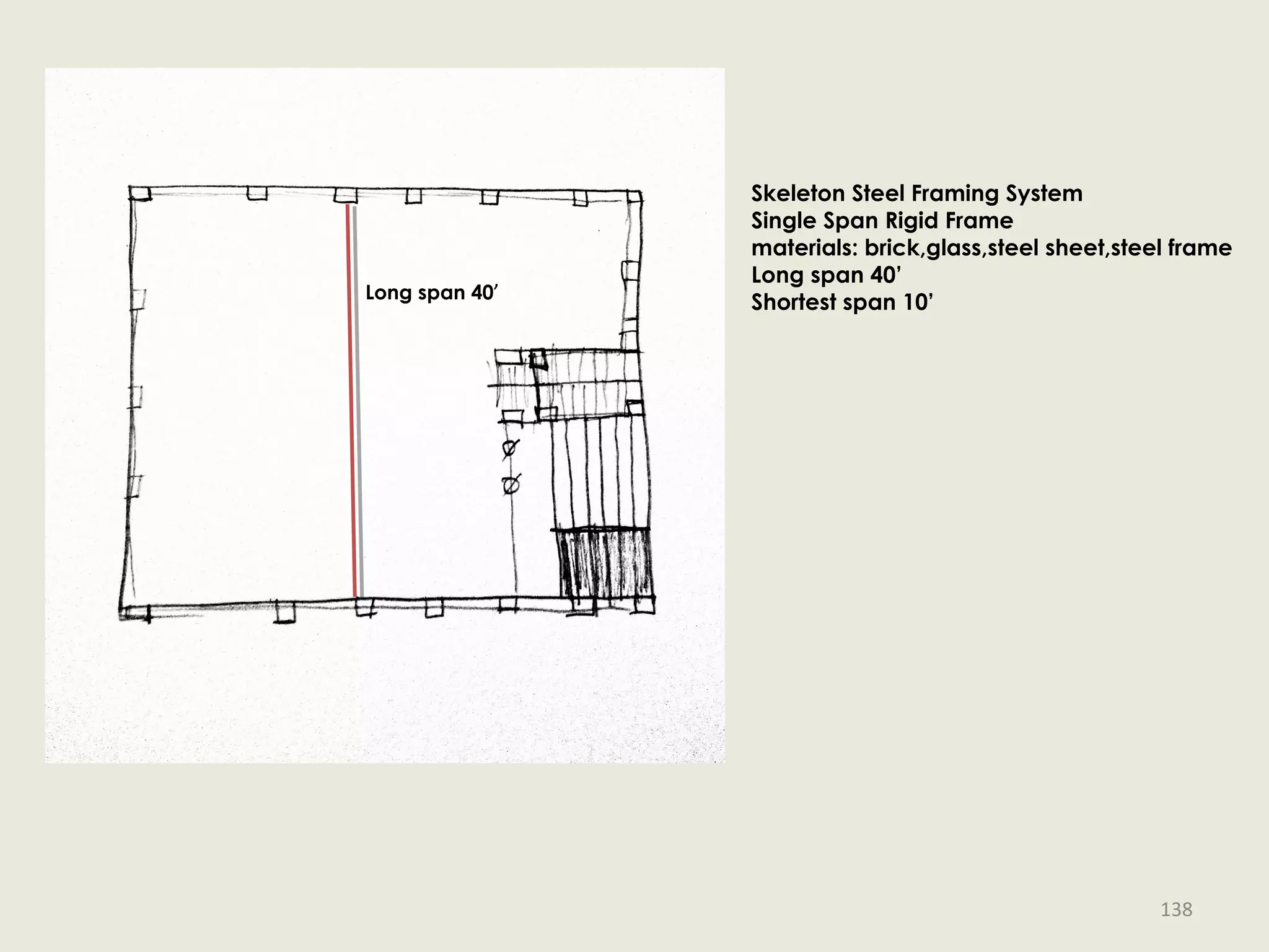 Long span 40’
Skeleton Steel Framing System
Single Span Rigid Frame
materials: brick,glass,steel sheet,steel frame
Long span 40’
Shortest span 10’
138
 
