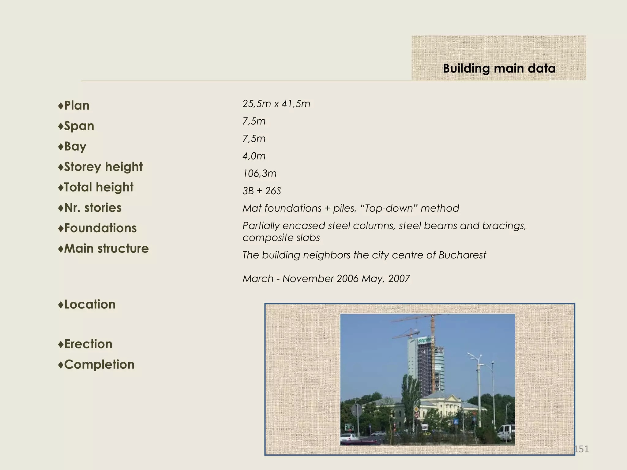 ♦Plan
♦Span
♦Bay
♦Storey height
♦Total height
♦Nr. stories
♦Foundations
♦Main structure
25,5m x 41,5m
7,5m
7,5m
4,0m
106,3m
3B + 26S
Mat foundations + piles, “Top-down” method
Partially encased steel columns, steel beams and bracings,
composite slabs
The building neighbors the city centre of Bucharest
March - November 2006 May, 2007
♦Location
♦Erection
♦Completion
Building main data
151
 