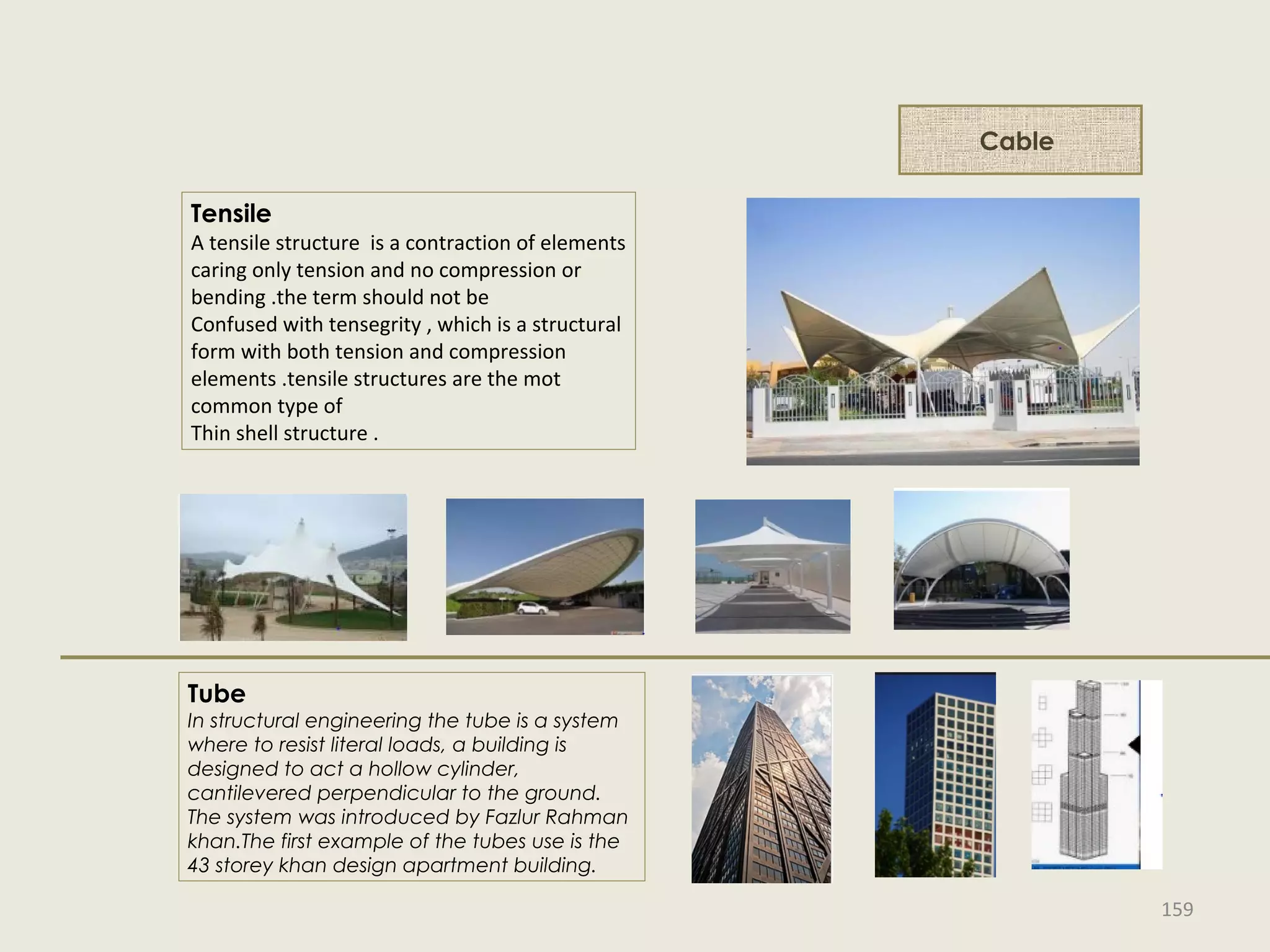 Cable
Tensile
A tensile structure is a contraction of elements
caring only tension and no compression or
bending .the term should not be
Confused with tensegrity , which is a structural
form with both tension and compression
elements .tensile structures are the mot
common type of
Thin shell structure .
Tube
In structural engineering the tube is a system
where to resist literal loads, a building is
designed to act a hollow cylinder,
cantilevered perpendicular to the ground.
The system was introduced by Fazlur Rahman
khan.The first example of the tubes use is the
43 storey khan design apartment building.
159
 