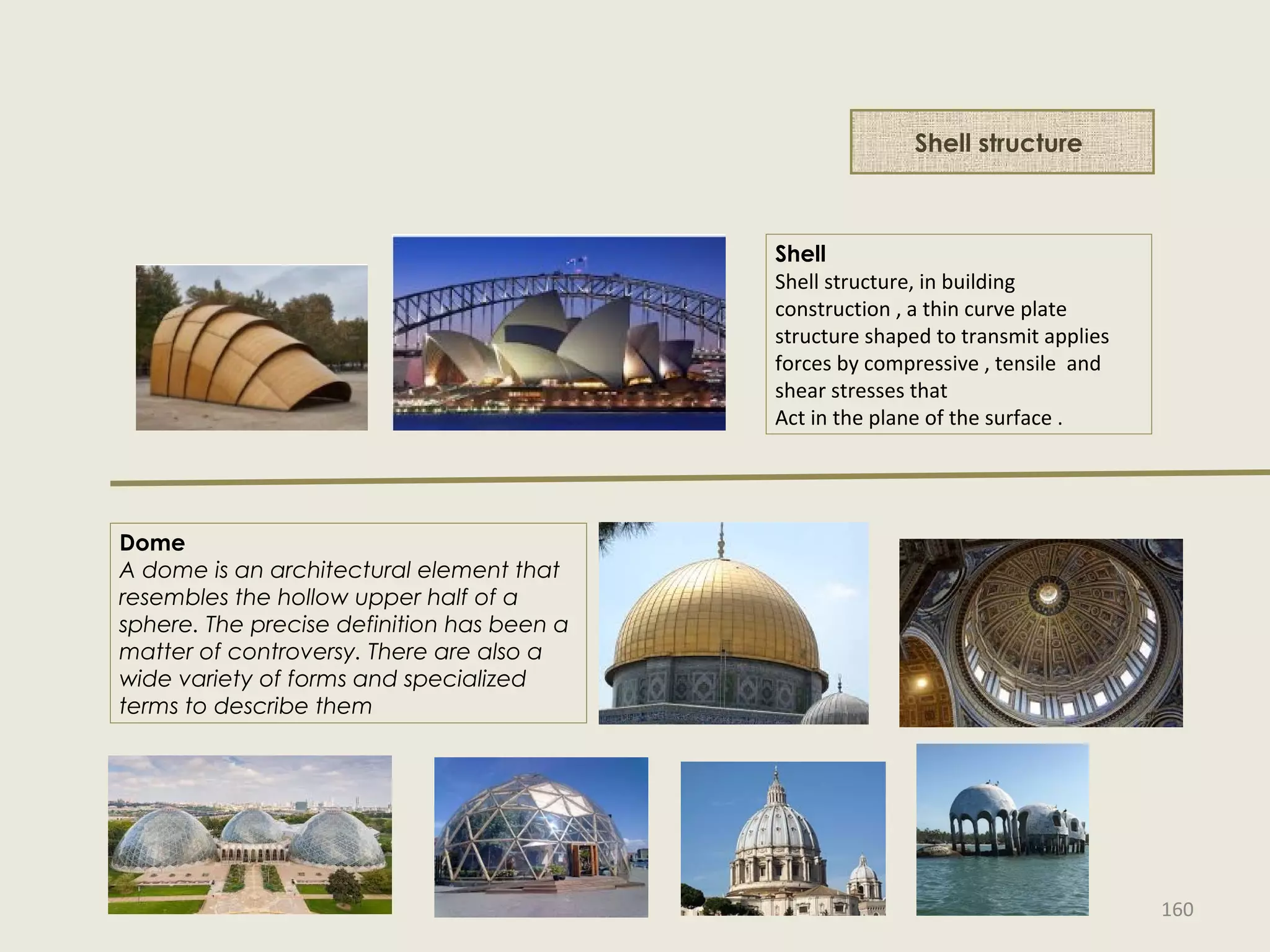 Shell
Shell structure, in building
construction , a thin curve plate
structure shaped to transmit applies
forces by compressive , tensile and
shear stresses that
Act in the plane of the surface .
Shell structure
Dome
A dome is an architectural element that
resembles the hollow upper half of a
sphere. The precise definition has been a
matter of controversy. There are also a
wide variety of forms and specialized
terms to describe them
160
 