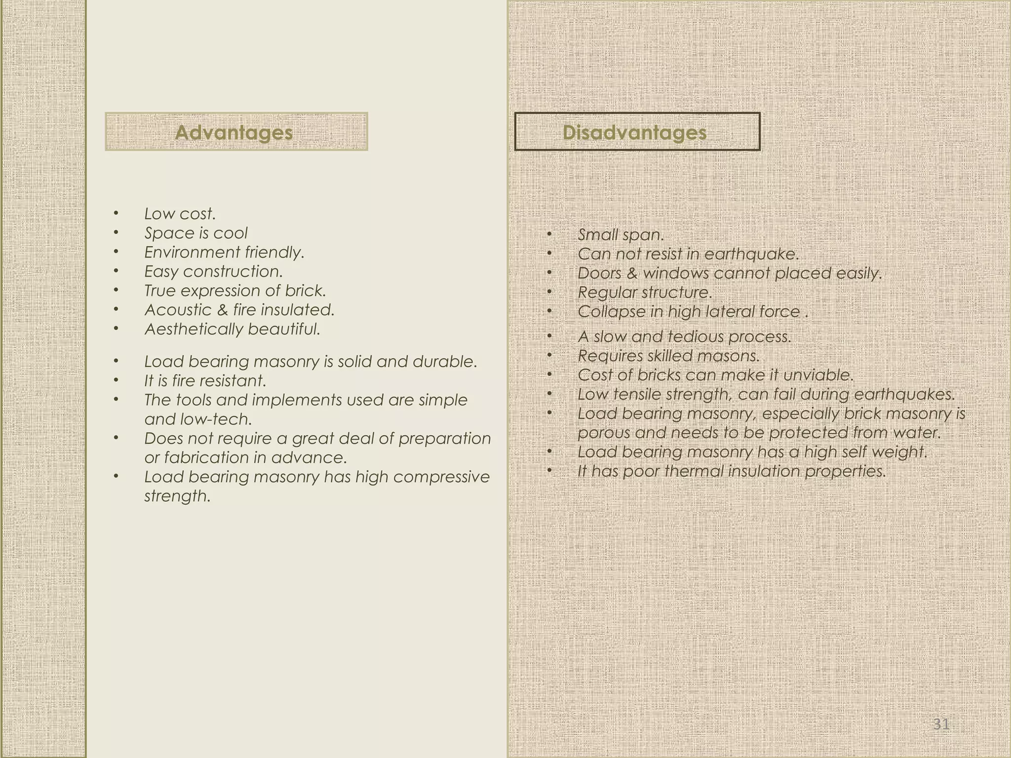 Advantages Disadvantages
• Low cost.
• Space is cool
• Environment friendly.
• Easy construction.
• True expression of brick.
• Acoustic & fire insulated.
• Aesthetically beautiful.
• Small span.
• Can not resist in earthquake.
• Doors & windows cannot placed easily.
• Regular structure.
• Collapse in high lateral force .
• Load bearing masonry is solid and durable.
• It is fire resistant.
• The tools and implements used are simple
and low-tech.
• Does not require a great deal of preparation
or fabrication in advance.
• Load bearing masonry has high compressive
strength.
• A slow and tedious process.
• Requires skilled masons.
• Cost of bricks can make it unviable.
• Low tensile strength, can fail during earthquakes.
• Load bearing masonry, especially brick masonry is
porous and needs to be protected from water.
• Load bearing masonry has a high self weight.
• It has poor thermal insulation properties.
31
 