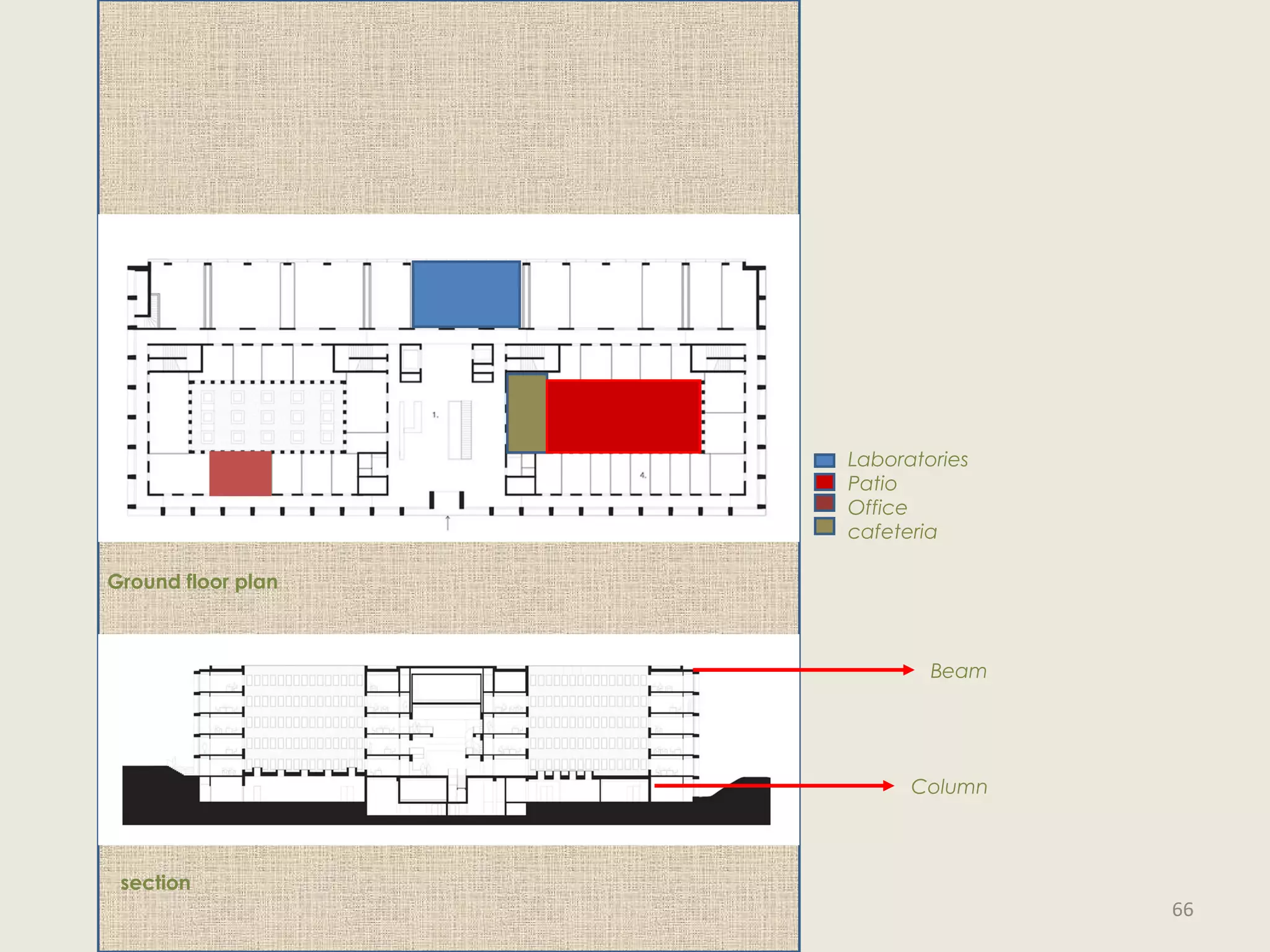 Beam
Column
Ground floor plan
section
Laboratories
Patio
Office
cafeteria
66
 