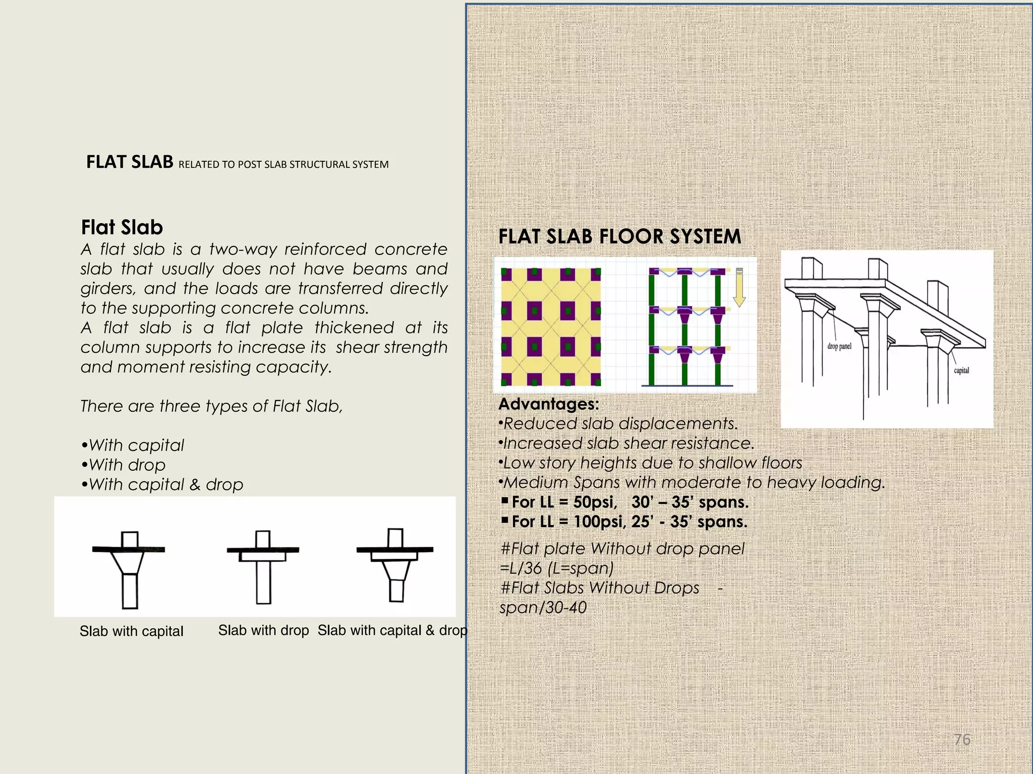FLAT SLAB FLOOR SYSTEM
Advantages:
•Reduced slab displacements.
•Increased slab shear resistance.
•Low story heights due to shallow floors
•Medium Spans with moderate to heavy loading.
▪For LL = 50psi, 30’ – 35’ spans.
▪For LL = 100psi, 25’ - 35’ spans.
Flat Slab
A flat slab is a two-way reinforced concrete
slab that usually does not have beams and
girders, and the loads are transferred directly
to the supporting concrete columns.
A flat slab is a flat plate thickened at its
column supports to increase its shear strength
and moment resisting capacity.
There are three types of Flat Slab,
•With capital
•With drop
•With capital & drop
FLAT SLAB RELATED TO POST SLAB STRUCTURAL SYSTEM
Slab with capital Slab with drop Slab with capital & drop
#Flat plate Without drop panel
=L/36 (L=span)
#Flat Slabs Without Drops -
span/30-40
76
 