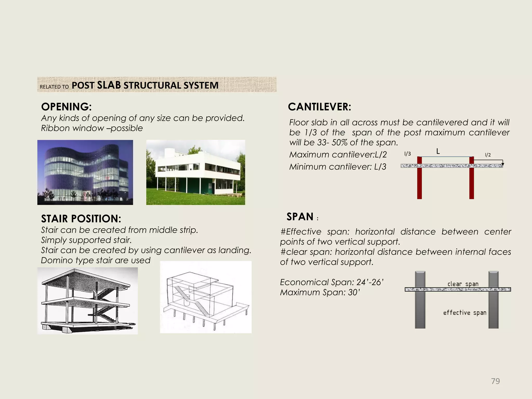 STAIR POSITION:
Stair can be created from middle strip.
Simply supported stair.
Stair can be created by using cantilever as landing.
Domino type stair are used
RELATED TO POST SLAB STRUCTURAL SYSTEM
OPENING:
Any kinds of opening of any size can be provided.
Ribbon window –possible
Floor slab in all across must be cantilevered and it will
be 1/3 of the span of the post maximum cantilever
will be 33- 50% of the span.
Maximum cantilever:L/2
Minimum cantilever: L/3
CANTILEVER:
SPAN :
#Effective span: horizontal distance between center
points of two vertical support.
#clear span: horizontal distance between internal faces
of two vertical support.
Economical Span: 24’-26’
Maximum Span: 30’
79
 