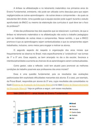 A ênfase na alfabetização e no letramento matemático nos primeiros anos do
Ensino Fundamental, entretanto, não pode ser utilizada como desculpa para que sejam
negligenciadas as outras aprendizagens – de outras áreas e componentes – às quais os
estudantes têm direito. Uma questão que a equipe escolar pode sugerir durante o estudo
aprofundado da BNCC ou mesmo da elaboração dos currículos é: qual deve ser o foco
do professor?
A fala das professoras traz dois aspectos que se relacionam: o primeiro, de que a
ênfase no letramento matemático e na alfabetização não exclui o trabalho pedagógico
com as habilidades de outras áreas e componentes. Nesse sentido, o que a BNCC
promove é que as aprendizagens sejam contextualizadas e que os componentes sejam
trabalhados, inclusive, como meios para engajar e motivar os alunos.
O segundo aspecto diz respeito à organização dos anos iniciais que
frequentemente se observa no Brasil, mais especificamente a “unidocência” nas turmas
de 1º a 5º ano. Esse aspecto, se bem arranjado no dia a dia escolar, favorece a
interdisciplinaridade e aumenta as chances de as aprendizagens serem contextualizadas.
Como gestor, cabe a reflexão: você tem atuado para promover as melhores
condições de trabalho possíveis aos professores dos anos iniciais?
Essa é uma questão fundamental, pois os resultados das avaliações
padronizadas têm explicitado dificuldades marcantes dos alunos. É o caso, por exemplo,
da Prova Brasil, respondida por alunos do 5º ano, cujos resultados são consolidados no
Saeb (Sistema de Avaliação da Educação Básica) e no Ideb (Índice de Desenvolvimento
da Educação Básica). Veja os gráficos a seguir, com esses resultados.
Ideb (2005-2017) – anos iniciais do Ensino Fundamental
 