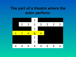 The part of a theatre where the
        actor perform.
              1
      2   2   1   2   2   2   2
              1
  3
  s   3
      t   3
          a   1
              g   3
                  e
              1
              1
  4   4   4   4   4   4   4   4
 