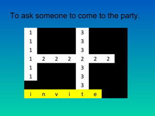 To ask someone to come to the party.

     1               3
     1               3
     1               3
     1   2   2   2   2   2   2
     1               3
     1               3
                     3
     4
     i   n
         4   4
             v   4
                 i   4
                     t   4
                         e
 