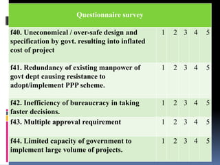 Thank you !
Questionnaire survey
f40. Uneconomical / over-safe design and
specification by govt. resulting into inflated
cost of project
1 2 3 4 5
f41. Redundancy of existing manpower of
govt dept causing resistance to
adopt/implement PPP scheme.
1 2 3 4 5
f42. Inefficiency of bureaucracy in taking
faster decisions.
1 2 3 4 5
f43. Multiple approval requirement 1 2 3 4 5
f44. Limited capacity of government to
implement large volume of projects.
1 2 3 4 5
 