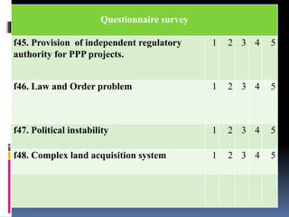 Thank you !
Questionnaire survey
f45. Provision of independent regulatory
authority for PPP projects.
1 2 3 4 5
f46. Law and Order problem 1 2 3 4 5
f47. Political instability 1 2 3 4 5
f48. Complex land acquisition system 1 2 3 4 5
 