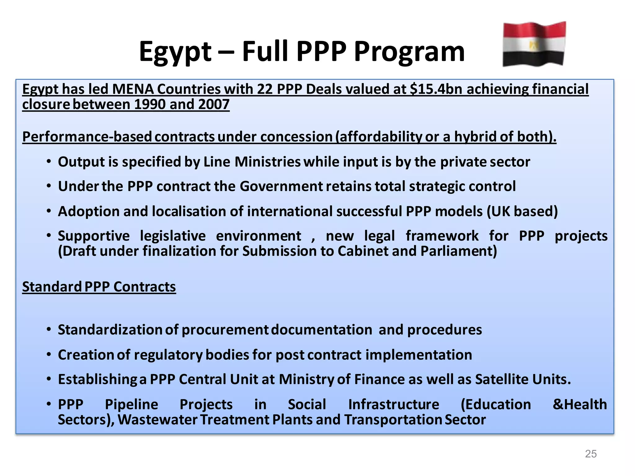 Egypt – Full PPP Program
Egypt has led MENA Countries with 22 PPP Deals valued at $15.4bn achieving financial
closure between 1990 and 2007

Performance-based contracts under concession (affordability or a hybrid of both).
   • Output is specified by Line Ministries while input is by the private sector
   • Under the PPP contract the Government retains total strategic control
   • Adoption and localisation of international successful PPP models (UK based)
   • Supportive legislative environment , new legal framework for PPP projects
     (Draft under finalization for Submission to Cabinet and Parliament)

Standard PPP Contracts

   • Standardization of procurement documentation and procedures
   • Creation of regulatory bodies for post contract implementation
   • Establishing a PPP Central Unit at Ministry of Finance as well as Satellite Units.
   • PPP Pipeline Projects in Social Infrastructure (Education                     &Health
     Sectors), Wastewater Treatment Plants and Transportation Sector

                                                                                          25
 