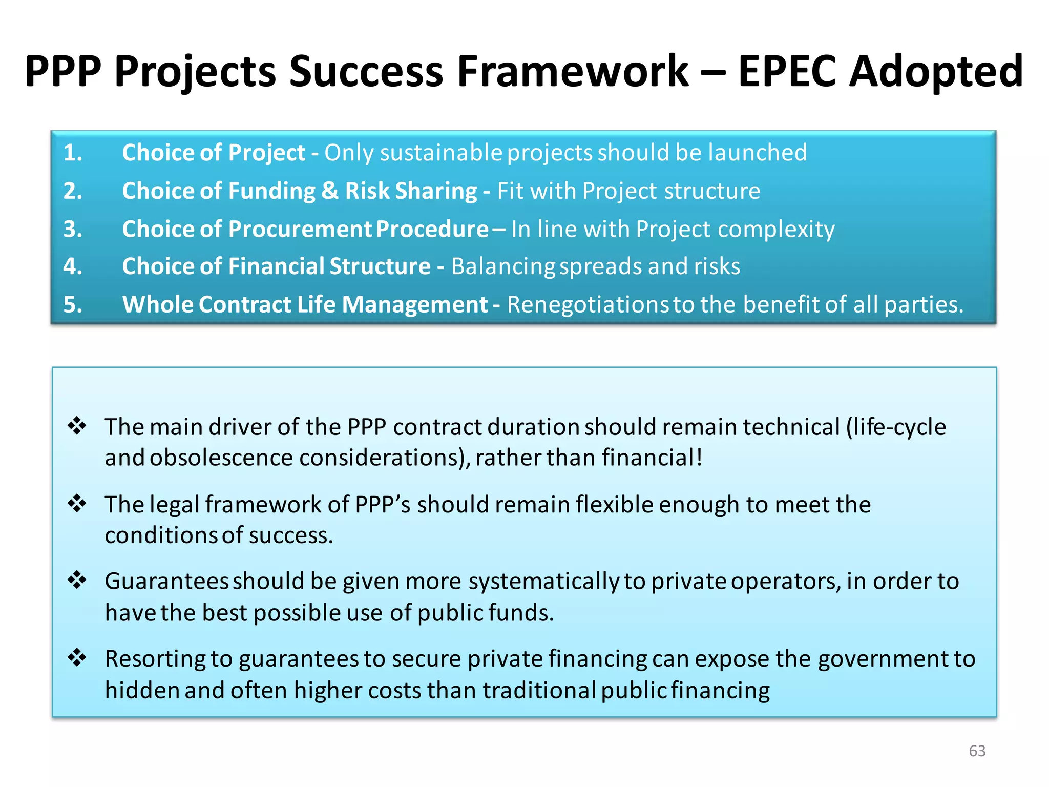 PPP Projects Success Framework – EPEC Adopted
 1.   Choice of Project - Only sustainable projects should be launched
 2.   Choice of Funding & Risk Sharing - Fit with Project structure
 3.   Choice of Procurement Procedure – In line with Project complexity
 4.   Choice of Financial Structure - Balancing spreads and risks
 5.   Whole Contract Life Management - Renegotiations to the benefit of all parties.



  The main driver of the PPP contract duration should remain technical (life-cycle
   and obsolescence considerations), rather than financial!
  The legal framework of PPP’s should remain flexible enough to meet the
   conditions of success.
  Guarantees should be given more systematically to private operators, in order to
   have the best possible use of public funds.
  Resorting to guarantees to secure private financing can expose the government to
   hidden and often higher costs than traditional public financing

                                                                                       63
 