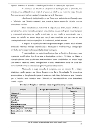 ingresso no mundo do trabalho e criando a possibilidade de certificações específicas;
                    • Construção da Ementa da disciplina de Formação para o Trabalho pela
própria escola, utilizando-se do perfil do professor já lotado e sua respectiva carga horária,
bem como do suporte técnico-pedagógico da Secretaria da Educação;
                    • Implantação do Projeto Diretor de Turma, com a disciplina de Formação para
a Cidadania, com 20 horas semestrais, que permite o fortalecimento dos vínculos entre os
estudantes e a escola.
                    Estas características fortalecem a singularidade deste projeto. Portanto, as
características, acima elencadas, compõem uma estrutura que, de modo geral, procura ampliar
a permanência dos alunos na escola, a motivação em seus estudos e a preparação para o
mundo do trabalho, ao mesmo tempo que visa fornecer condições para que a escola atue
contemplando as necessidades específicas do estudante do período noturno.
                    A proposta de organização curricular por semestre para o ensino médio noturno,
toma como referência principal a necessidade de diminuição da evasão escolar, a formação para
o trabalho e a busca por melhores condições de aprendizagem.
                    A organização do currículo, tomando como base as fronteiras do semestre, pode
representar significativos benefícios para as instituições escolares. Divididas em blocos, a
concentração dos alunos se direciona para um número menor de disciplinas, ao mesmo tempo
que amplia o tempo de contato entre professor e aluno, oportunizando assim um olhar mais
individualizado sobre as condições de aprendizagem de cada estudante.
                    Atualmente, o mapa curricular é composto, com um mínimo de 13 (treze)
disciplinas, sendo apenas a de Língua Estrangeira na Parte Diversificada. Na proposta da
semestralidade as disciplinas são apenas 9 (nove) em cada bloco, incluindo-se a de Formação
para o Trabalho e a de Formação para a Cidadania, na Parte Diversificada, como mostrado no
quadro a seguir:
                Divisão das Disciplinas em Blocos e suas respectivas cargas horárias
                                                                                                                   Carga Horária por
                Bloco A                                    Carga Horária Semanal
                                                                                                                            Semestre
Matemática                                                                    2                                                40
Biologia                                                                      3                                                60
Química                                                                       3                                                60
Sociologia                                                                    2                                                40
História                                                                      3                                                60
Língua Portuguesa                                                             3                                                60
Educação Física                                                               1                                                20
Formação para a cidadania                                                     1                                                20
Formação para o trabalho                                                      2                                                40
Total                                                                        20                                               400



____________________________________________________________________________________________
                               “Não são os alunos que queremos, mas são os alunos que nós temos”.
                                                                                                                                                    38
 